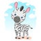 Cute baby zebra standing on a sunny sky background with small clouds.