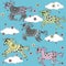 Cute background with cartoon unicorns in the clouds