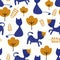 Cute background nursery seamless pattern with funny cat. Vector illustration repeat ready for baby kids fashion textile print
