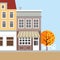 Cute background with old town houses. Autumn fall scene. Flat design, illustration.