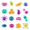 Cute bacteria, virus, germ cartoon character set. Microbe and pathogen vector icons isolated on background. Covid-19