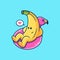 Cute Banana Cartoon Relax on Flamingo Tires. Fruit Vector Icon Illustration, Isolated on Premium Vector
