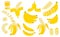 Cute banana fruit object collection.Whole, cut in half, sliced on pieces banana. Vector illustration for icon,logo,sticker,