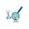 Cute Barber magnifying glass cartoon character style with scissor