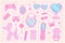 Cute Barbiecore set. Pink women\\\'s accessories. Kawaii glamour. Teenage girly style. Nostalgic pinkcore 2000s style. Lipstick,