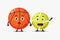 Cute basketball and tennis ball mascot holding hands