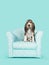 Cute basset artesien normand puppy sitting in a blue and white dotted chair on a blue background
