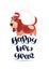 Cute Basset Dog In Santa Hat On Happy New Year Greeting Card Holiday Lettering Banner