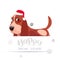 Cute Basset Dog In Santa Hat On Happy New Year Greeting Card Holiday Lettering Banner Over Foot Prints On White