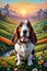 A cute basset hound dog sitting in a whimsical valley, in a sunset time, mountains view, colorful wildflower, digital painting art