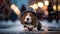 A cute Basset Hound puppy dog wearing a hat on blurred a snowy street background. Generative AI.