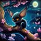 A cute bat, with expressive eyes and soft, velvety wings, perched on a branch of blossoms tree, moonlit night, stars, cartoon