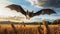 Cute Bat Flying In Sunrise Field With Wheat