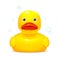 Cute bath toy yellow rubber duck front view.