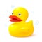 Cute bath toy yellow rubber duck three-quarter view.