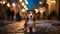 A cute Beagle puppy dog wearing a hat on blurred a snowy street background. Generative AI.