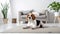 Cute Beagle rests on a white carpet, bringing warmth and charm to the living room, Ai Generated