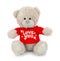 Cute bear doll with red LOVE YOU shirt isolated on white background with shadow reflection. Playful bright brown bear.