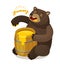 Cute bear eats honey from wooden barrel. Cartoon vector illustration