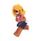 Cute bear girl character in fashionable outfit. Cool wild animal wearing skirt and blouse running with backpack. T-shirt