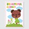 Cute bear girls on flower garden cartoon illustration for kid book cover design