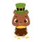 Cute bear in green leprechaun hat holds bowler with gold coins. Irish holiday folklore theme. Cartoon design for cards