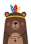 Cute bear have headdress with feathers on head.