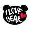 Cute bear head silhouette with inscription and red heart. Lettering text I Love bear.