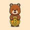 Cute bear holding bitcoin cartoon vector icon illustration