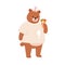 Cute bear holding sweet ice-cream. Funny teddy animal in tshirt eating icecream. Adorable lovely baby character in
