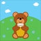 Cute bear with jar of honey on summer landscape bright meadow. Concept for preschool activity for children, card for kids
