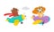 Cute Bear and Lion Animal Flying on Airplane with Propeller Vector Set