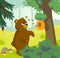 Cute bear looking for honey. Brown bear and bees in forest, in woods.