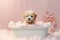 Cute Bear puppy dog in the bathtub, pets cleaning with light pink background realistic Puppy. Generative AI