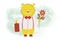 Cute bear returned from a trip with a baggage suitcase and flowers - vector cartoon illustration, character design