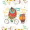 Cute bear riding a bicycle with sleeping cub