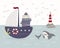 Cute bear sailor on a sailboat, shark, lighthouse