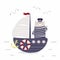 Cute bear sailor on a ship, sailboat, gulls, waves, isolated