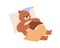 Cute bear sleeping. Funny teddy falling asleep, lying on pillow. Sweet baby animal in night cap napping with book