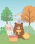 Cute bear teddy and sheep with chick in birthday party scene