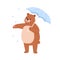 Cute bear with umbrella in rainy weather. Funny teddy character enjoying rain. Happy positive baby animal rejoicing
