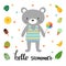 Cute bear with windmill. Hello summer. Funny greeting card with summer elements