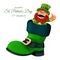 Cute bearded leprechaun peeking from the boot and showing thumbs up. Vector illustration of laughing dwarf mascot for Saint