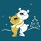 Cute bears Hugging - Christmas Winter Vector Illustration and Xmas Tree