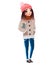 Cute beautiful girl raster illustration. adorable teenager wearing warm winter clothes: hat with pom-pom, jacket, scarf, jeans, bo