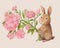 Cute beautiful hand-drawn postcard. Hare or rabbit holding a bouquet of flowers