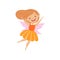 Cute beautiful little winged fairy, lovely happy girl in orange dress vector Illustration on a white background