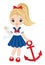 Cute Beautiful Teen Girl Holding Anchor and Rope. Vector Nautical Girl