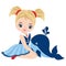 Cute Beautiful Teen Girl Wearing Nautical Dress Holding Baby Whale. Vector Nautical Girl 