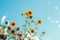 Cute beautiful yellow sunflower heads over blue sky. Flower heads growing on stems with leaves. Natural eco rustic countryside